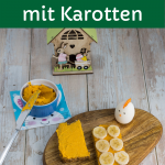 Karotten-Aufstrich für Babys, auf Brot, eine Hälfte ist mit Bananenscheiben belegt