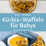 Pinterest-Pin für gesunde Kürbis-Waffeln für Babys und Kinder, auf einem Babyteller und mit Kürbissuppe zum Dippen