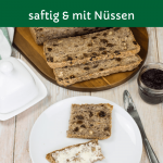 Rosinenbrot mit Walnuss ohne Kneten, auf einem Teller, mit Butter bestrichen, saftiges Vollkornbrot ohne Kneten für die Familie