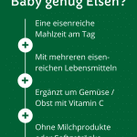 Infografik über die Elemente einer eisenreichen Mahlzeit für Kinder, für eine gute Eisenversorgung