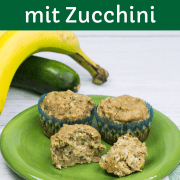 Pinterest Pin für Zucchini-Muffins, mit Muffins auf deinem Teller, einer der Muffins ist auseinander gebrochen