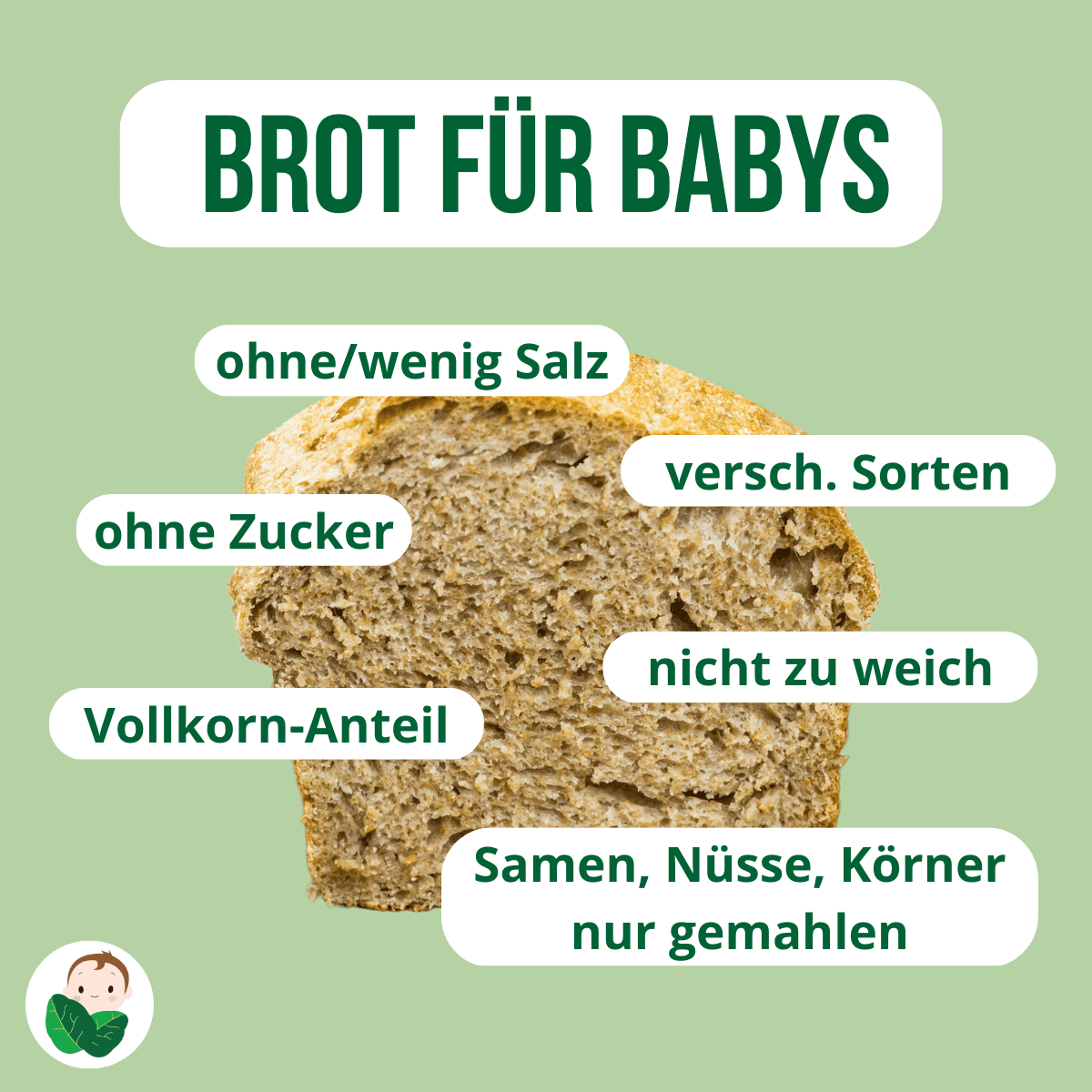 Brot für Babys, Übersicht auf was zu achten ist: ohne/wenig Salz, ohne Zucker, Vollkorn-Anteil, verschiedene Sorten, nicht zu weich, Samen Nüsse und Körner nur gemahlen