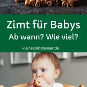 Pinterest Pin über Zimt für Babys, mit einem Bild von Zimtstangen und einem Baby, dass Obst isst