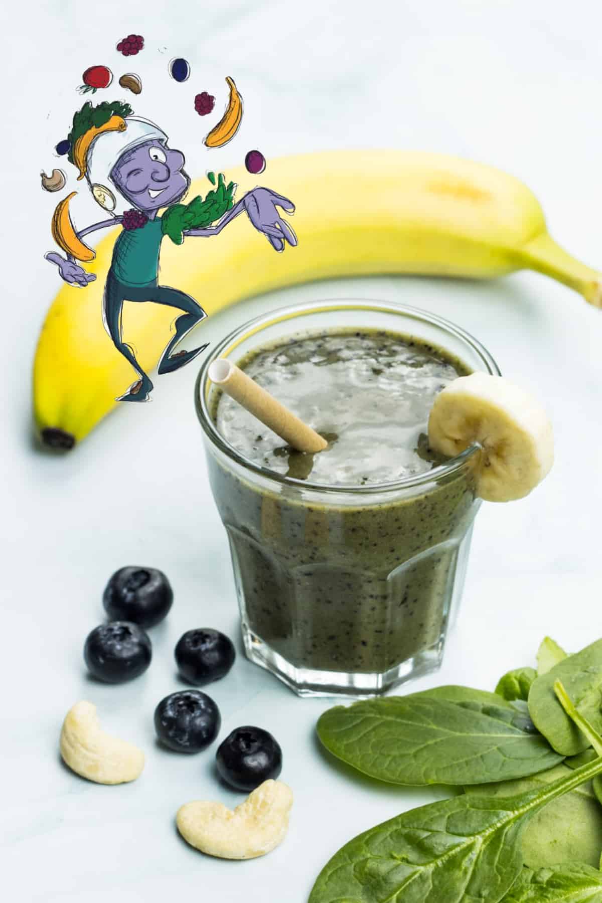 veganer Bananenshake mit Spinat und Blaubeeren, der Shake von Magnus Magnesium von der Nährstoffgeschichte,