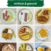 9 verschiedene Bilder von Babytellern mit breifrei Essen aus BLW Rezepten