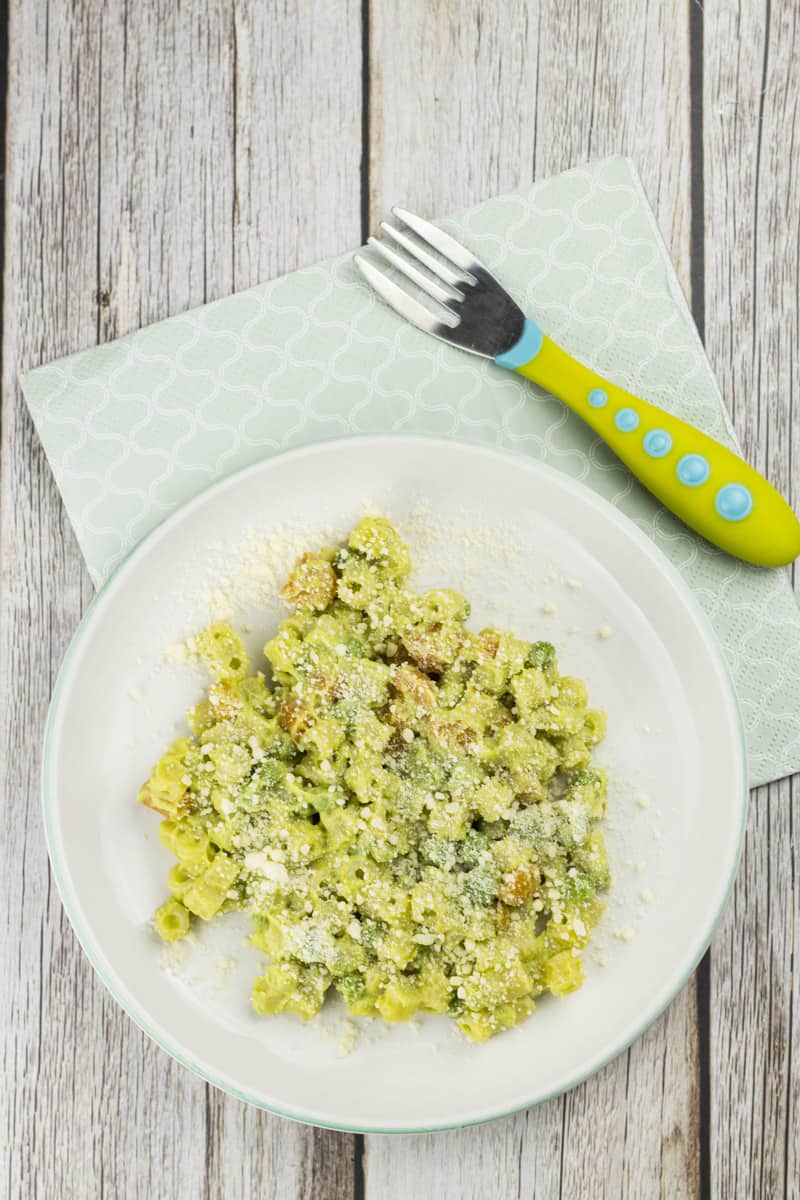 Nudeln mit Avocadosoße, Gemüse und Parmesan, auf einem Kindertelle