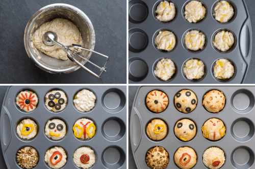 Zubereitung von Focaccia Brötchen in vier Bildern, Teig portionieren mit einem Eisportionierer, den Teig in der Muffinform mit Öl beträufeln, den Teig belegen und die Muffins bzw. Brötchen backen.